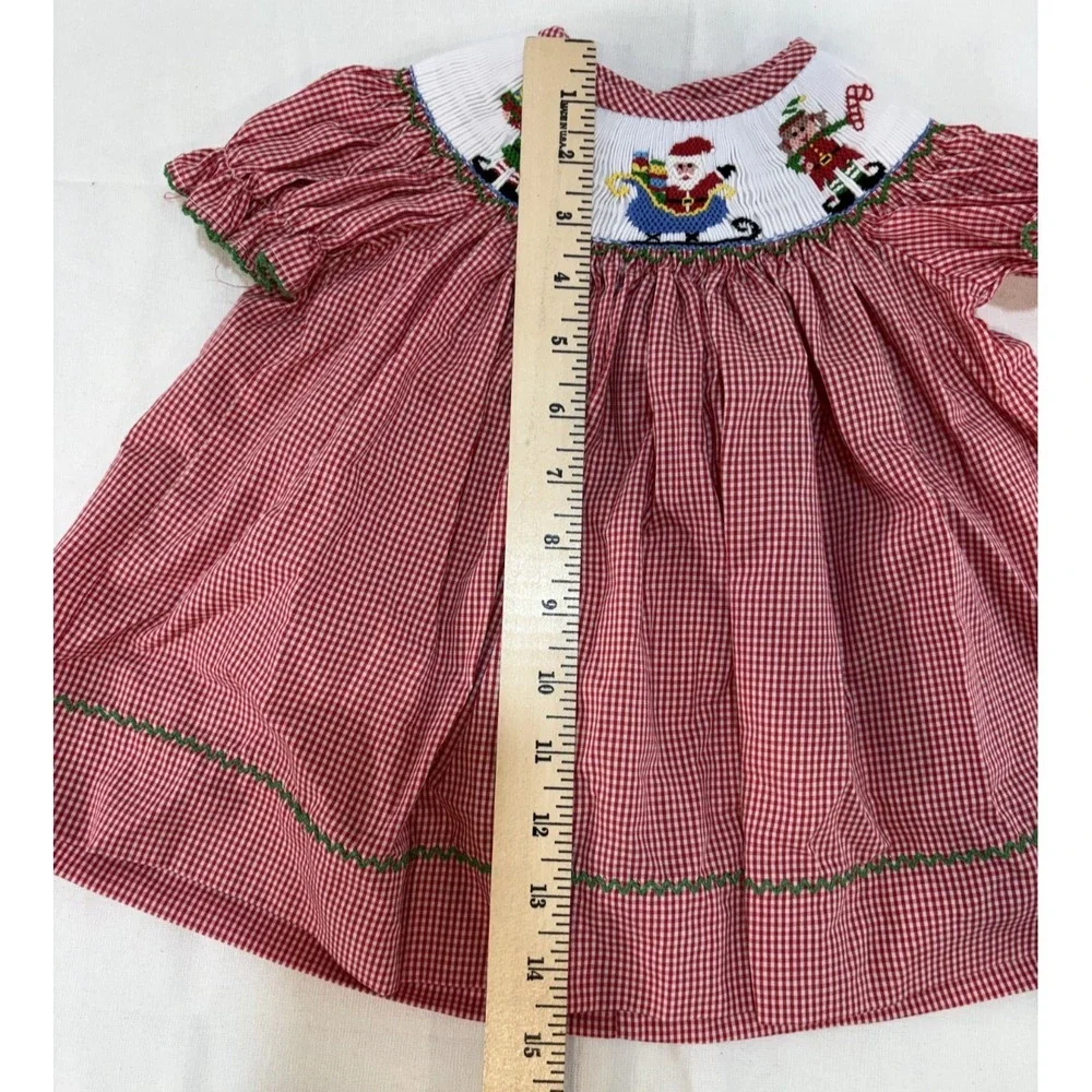 Southern Smocked Holiday Christmas Red/White Dress Santa & Elves Size 6 Months